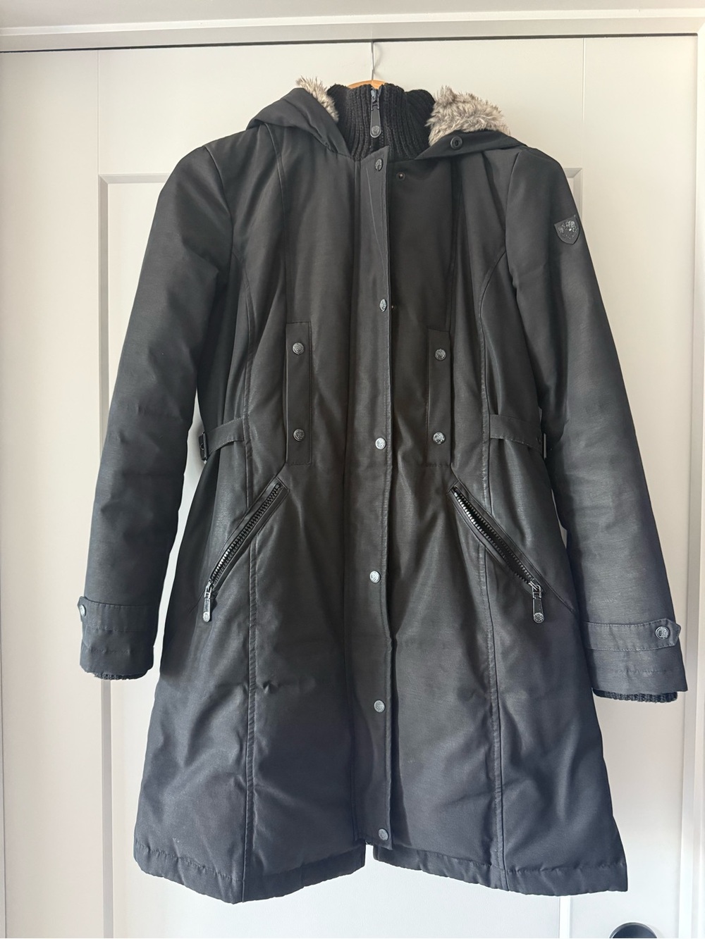 Vince Camuto Black Hooded Puffer Coat with Faux-Fur Trim